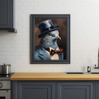 painting of a dapper pigeon wearing a suit, bowtie and top hat