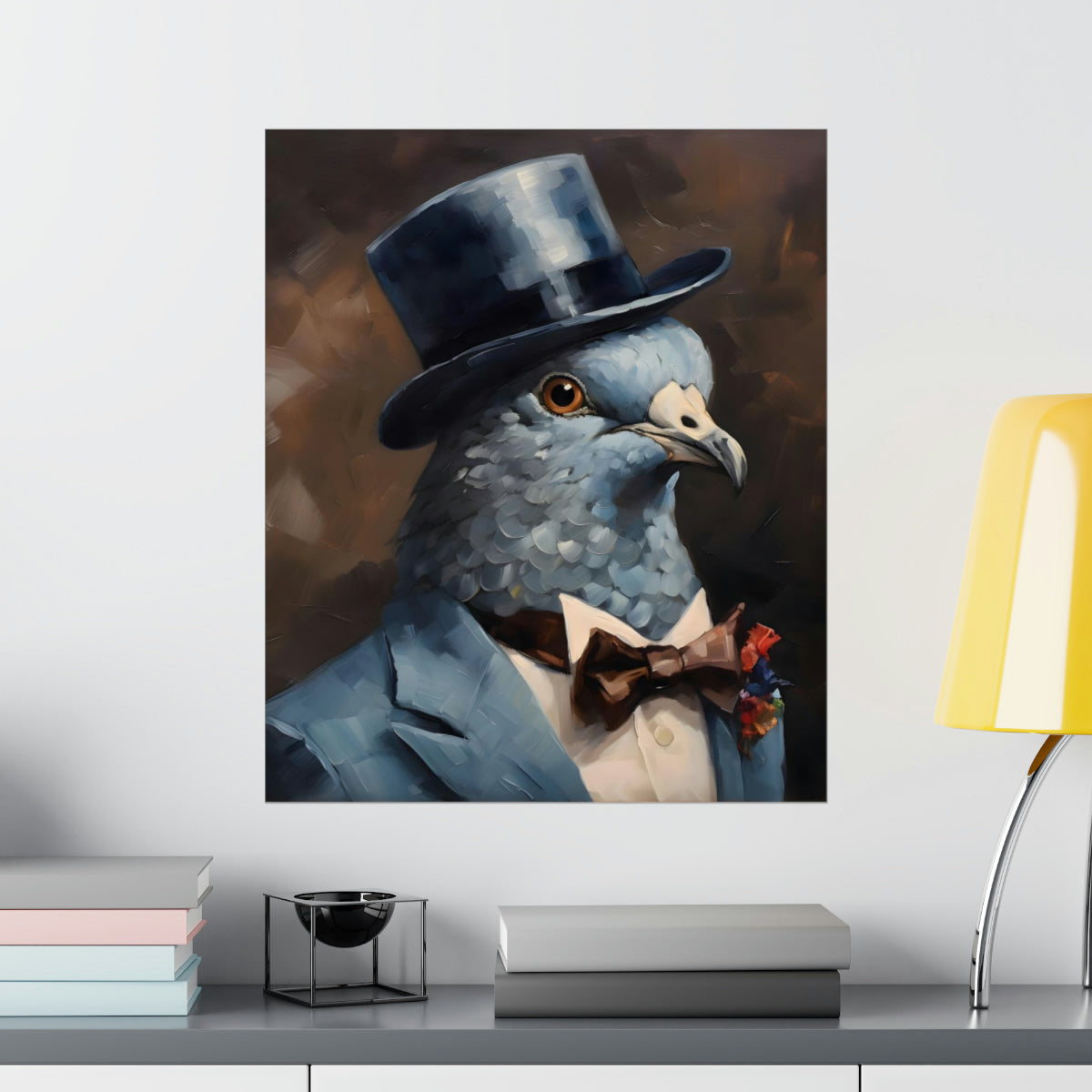 poster of a dapper pigeon wearing a suit, bowtie and top hat